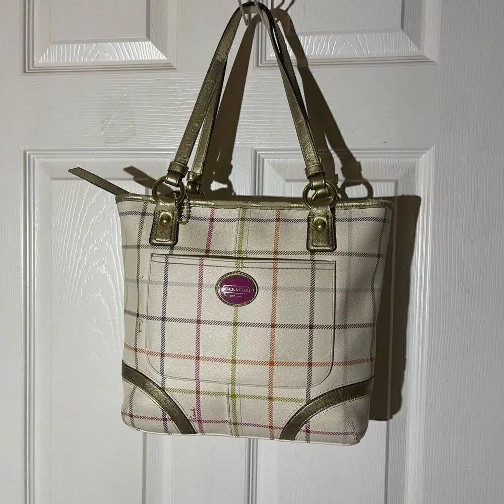 Coach Peyton Tattersal PVC Beige Plaid Shoulder Purse gold trims & straps